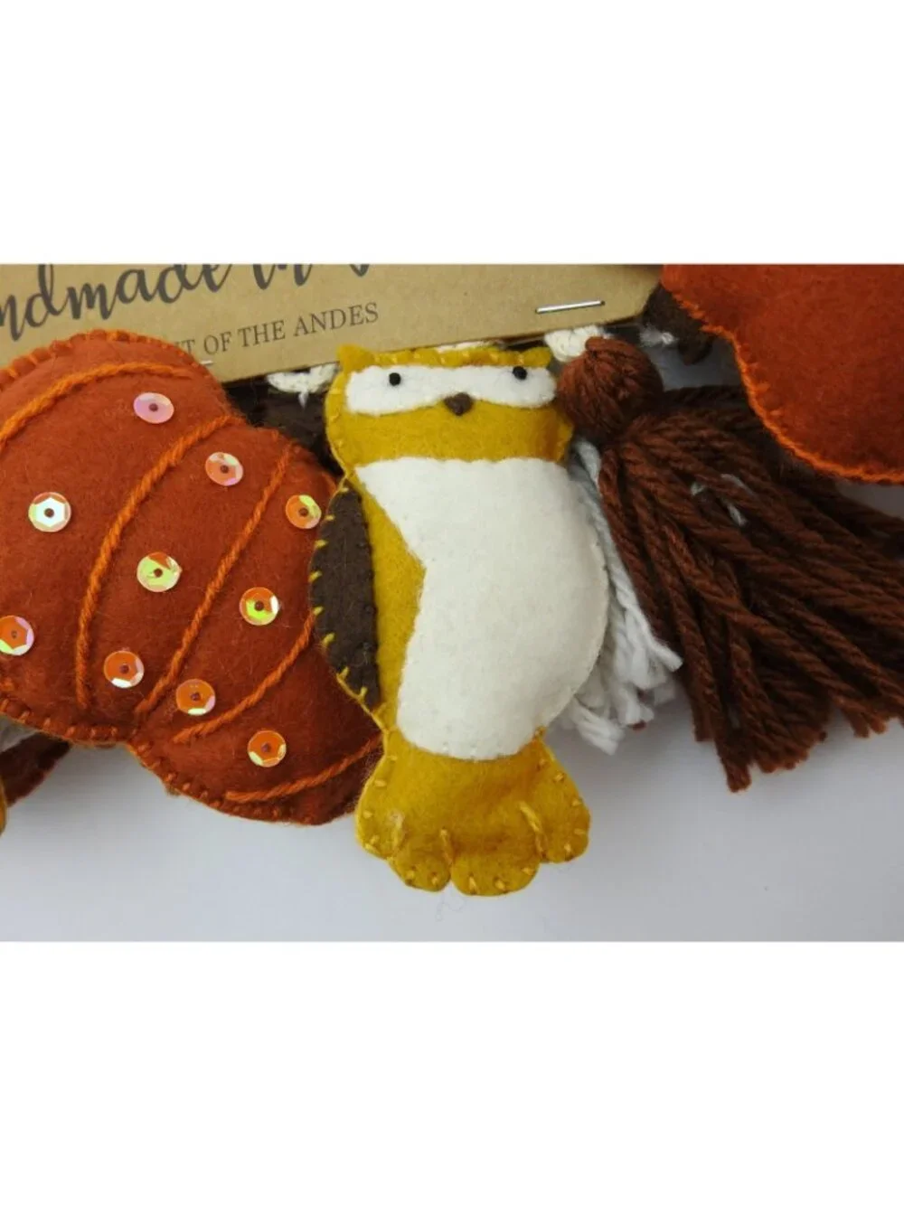 Handmade In Peru Fall Owl Garland 7 Ft Felt Pumpkin Sequin Autumn Decor